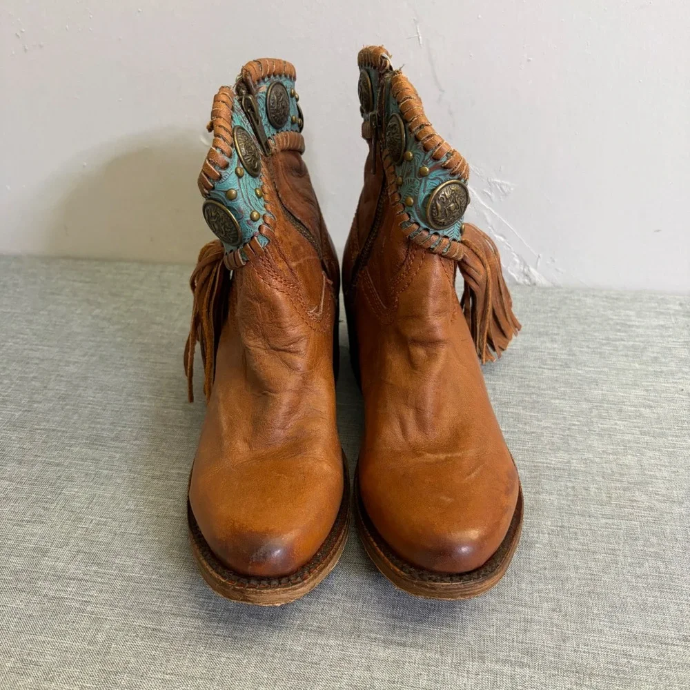 Corral Ankle Boots Women 5.5 Tan Turquoise‎ A3196 Fringe Concho Western Booties